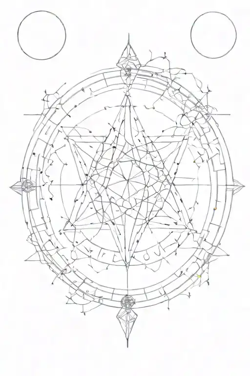 Cleangeometric lines, rings, and shapes connecting different symbols like an alchemy circle, with space for 6-12 symbols tattoo design idea