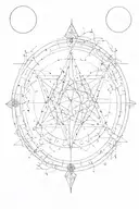 Cleangeometric lines, rings, and shapes connecting different symbols like an alchemy circle, with space for 6-12 symbols tattoo design idea