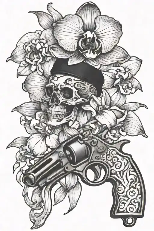 orchid flowers gun beret jam pot tattoo design idea