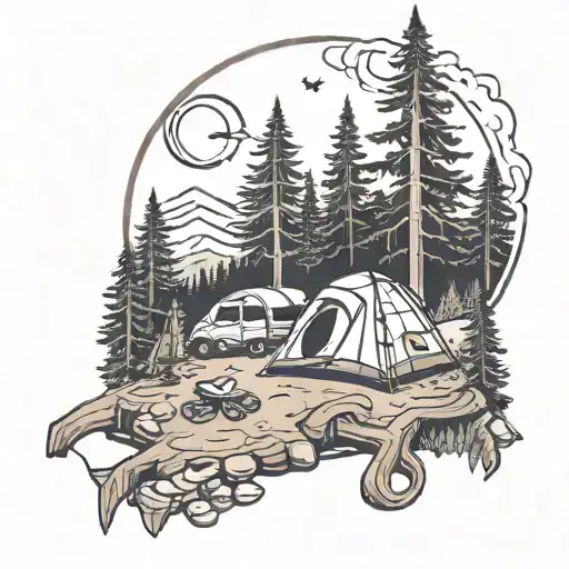 camping in night in a forest landscape with a hidden tattoo design idea