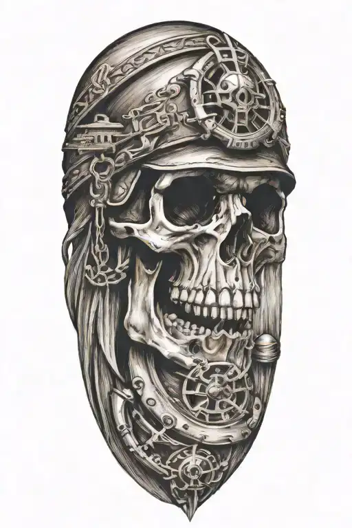 leather tooled should half sleeve with small details like a skull, oil rig, ship anchor, rooster tattoo design idea