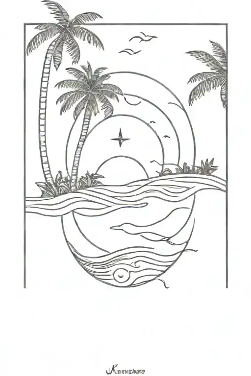 waves compass birds sunset palm trees tattoo design idea