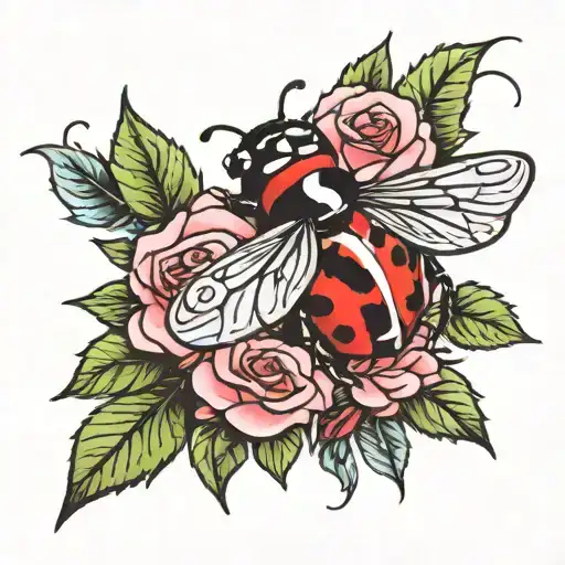 ladybug and pink rose tattoo design idea