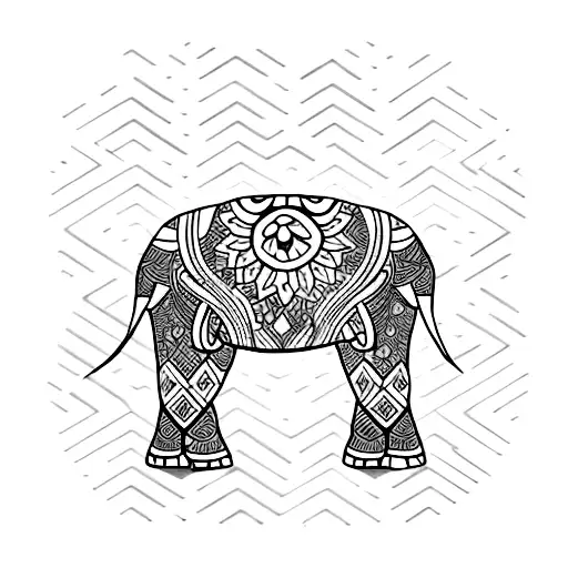 A minimalist tattoo of an elephant adorned with traditional Thai patterns, with the trunk up tattoo design idea