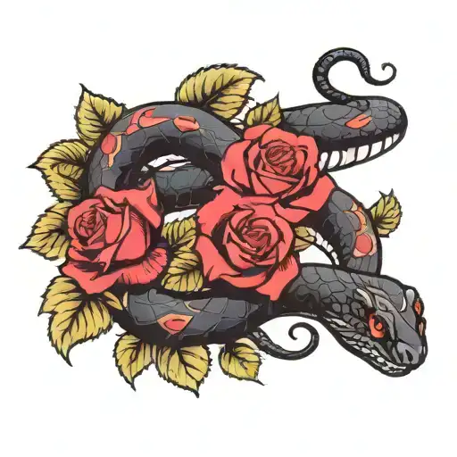a black snake and red roses intertwined tattoo design idea
