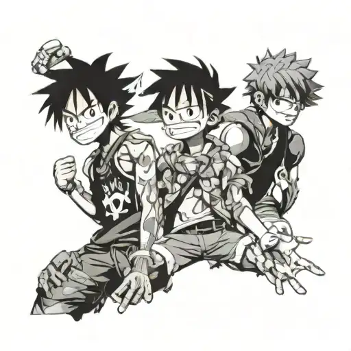 An anime-inspired sleeve tattoo featuring Luffy from One Piece and Gon and Killua from Hunter x Hunter engaging in a rap battle, with a mix of Spanish freestyle elements tattoo design idea