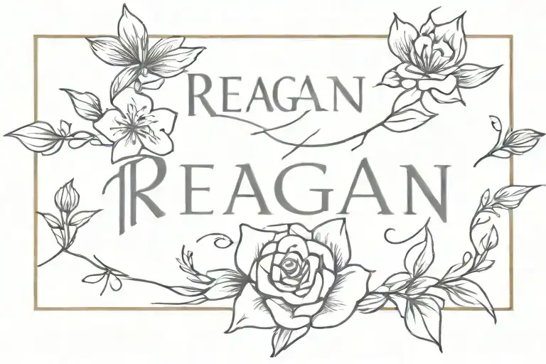 word "Reagan" with florals for a collar bone piece tattoo design idea