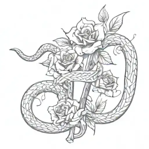 a snake climbing a dagger with vines and roses intertwined tattoo design idea