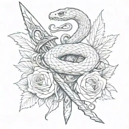 a snake wrapped around a dagger with vines and roses  tattoo design idea