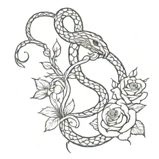 a snake climbing a dagger with vines and roses intertwined tattoo design idea