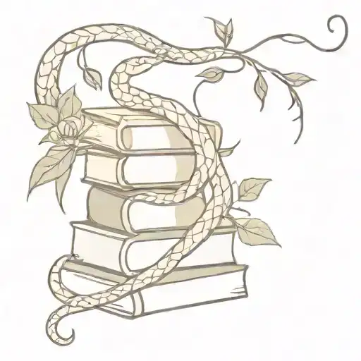 a snake wrapped around a stack of books with vines and roses  tattoo design idea