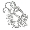 a snake climbing a dagger with vines and roses intertwined tattoo design idea