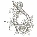 a snake climbing a dagger with vines and roses intertwined tattoo design idea
