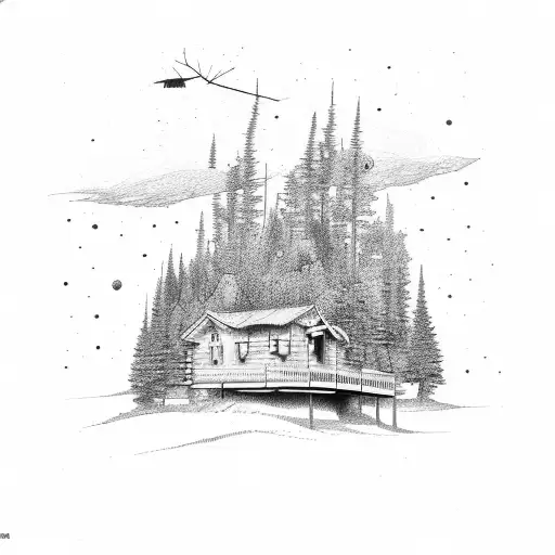 cabin with tree line moving up to space with purple and blue coloring tattoo design idea