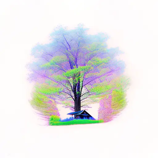 cabin with tree line moving up to space with purple and blue coloring. vertical arm tattoo tattoo design idea