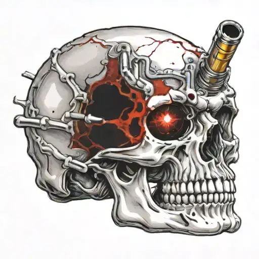 bullet going through skull with red eyes and gunsmoke tattoo design idea