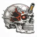 bullet going through skull with red eyes and gunsmoke tattoo design idea