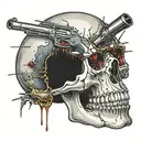 bullet going through skull with red eyes and gunsmoke tattoo design idea