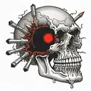 bullet going through skull with red eyes and gunsmoke tattoo design idea