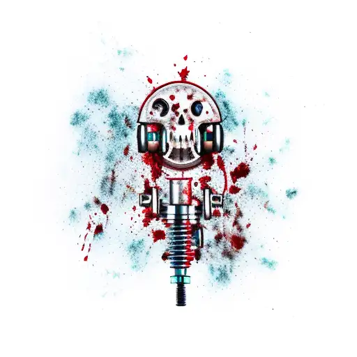 A tattoo machine with mechanical arms and legs, covered in blood splatters tattoo design idea