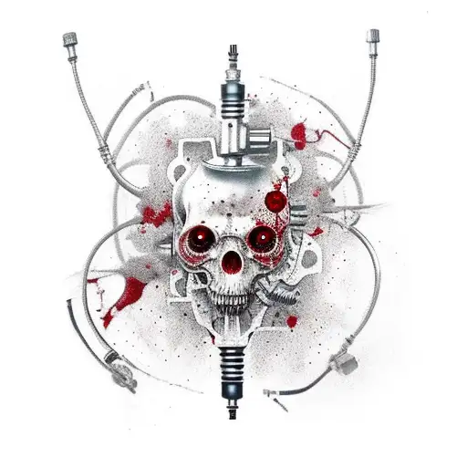 A tattoo machine with mechanical arms and legs, covered in blood splatters tattoo design idea