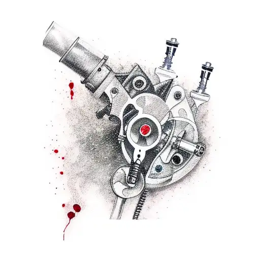 A tattoo machine with mechanical arms and legs, covered in blood splatters tattoo design idea