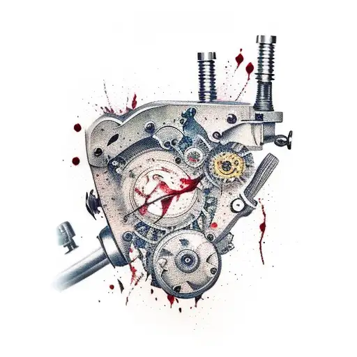 A tattoo machine with mechanical arms and legs, covered in blood splatters tattoo design idea