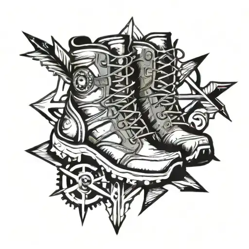 A mechanical gear with hiking boots and arrows intertwined, representing the client's passion for hiking and archery tattoo design idea