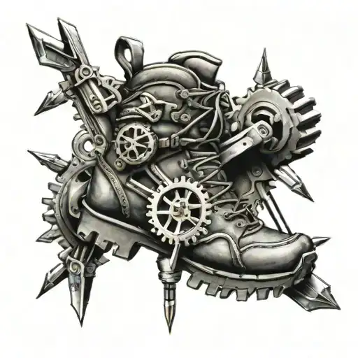 A mechanical gear with hiking boots and arrows intertwined, representing the client's passion for hiking and archery tattoo design idea