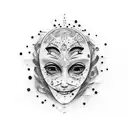 Suggest me a tattoo idea with an image of broken crying mask and underneath is a face of seriousness and revenge tattoo design idea