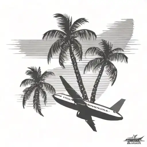 airplane and palm tree silhouette tattoo design idea