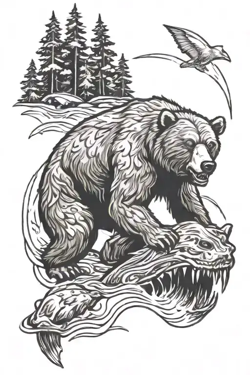 hungry mad grizzly behind canadian forrest  tattoo design idea
