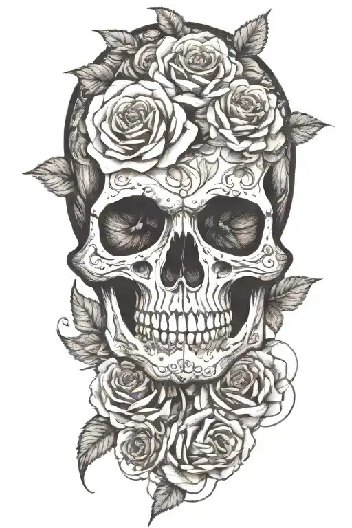 A skull intertwined with detailed roses and other flowers, incorporating delicate line work and shading. tattoo design idea