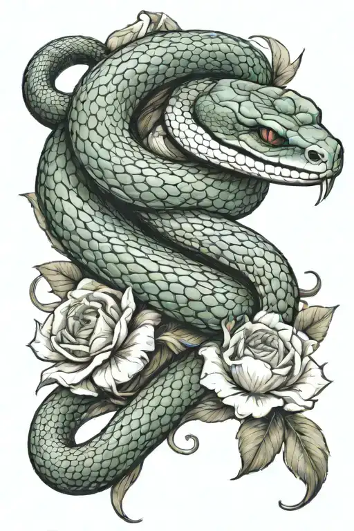 Snake wrapping around the arm with flowers intertwined and the snakes head resting on the chest tattoo design idea