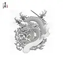 samurai fighting with japanese dragon, surrounded with lotus flowers,black, white, realistic, no background tattoo design idea