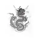 samurai fighting with japanese dragon, surrounded with lotus flowers,black, white, realistic, no background tattoo design idea