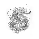 samurai fighting with japanese dragon, surrounded with lotus flowers,black, white, realistic, no background tattoo design idea