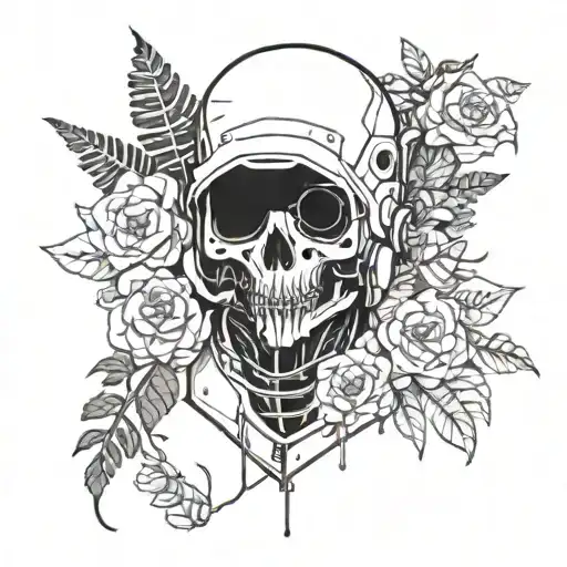 A futuristic cyberpunk anime character with a skull mask, surrounded by nature elements like trees and flowers tattoo design idea