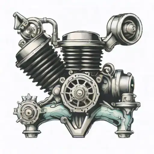 Give me a design idea for a tattoo involving my son, daughter and a V8 engine: - A stylized V8 engine in the c tattoo design idea