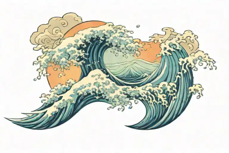 japanese waves crashing in the background tattoo design idea