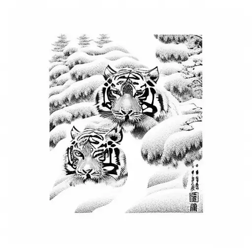 Japanese Tigers walking in the snow tattoo design idea