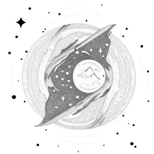 a yin yang shape with sun, mountains, ocean, and redwood trees on one side; moon, stars, milky way galaxy tattoo design idea