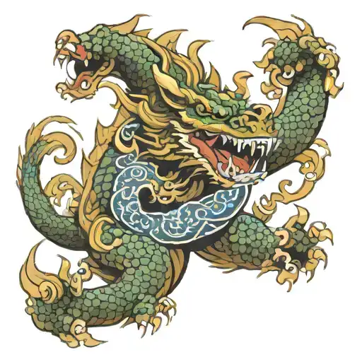 Japanese dragon protecting mother bear with two cubs tattoo design idea