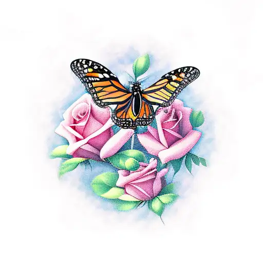 Roses with two monarch butterflies thigh tattoo tattoo design idea