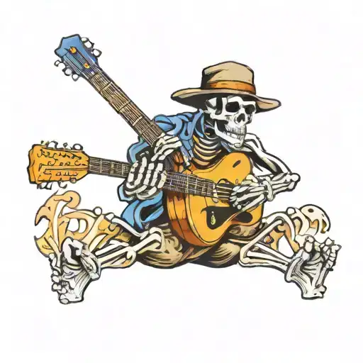 skeleton with university of Tennessee baseball cap playing guitar  tattoo design idea
