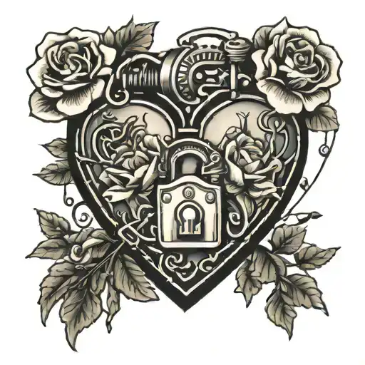 lock heart and key with roses blooming cherry blossom tattoo design idea