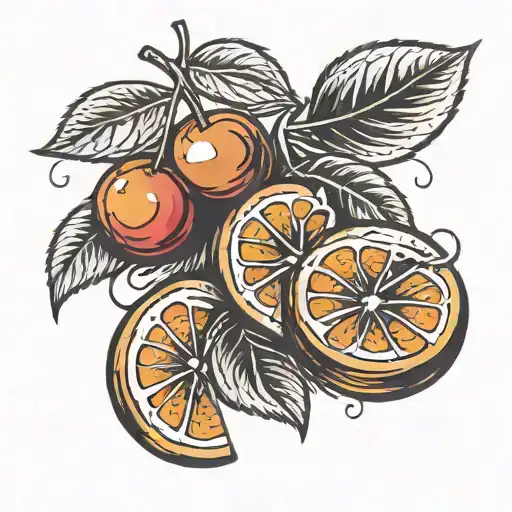 cherry and orange slices integrated tattoo design idea