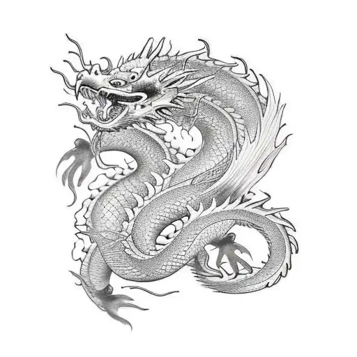 dragon tatoo with a focus on the scales and waves and flowers around the dragon. back and short sleeve tattoo tattoo design idea