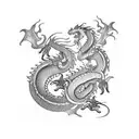 dragon tatoo with a focus on the scales and waves and flowers around the dragon. back and short sleeve tattoo tattoo design idea