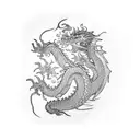 dragon tatoo with a focus on the scales and waves and flowers around the dragon. back and short sleeve tattoo tattoo design idea